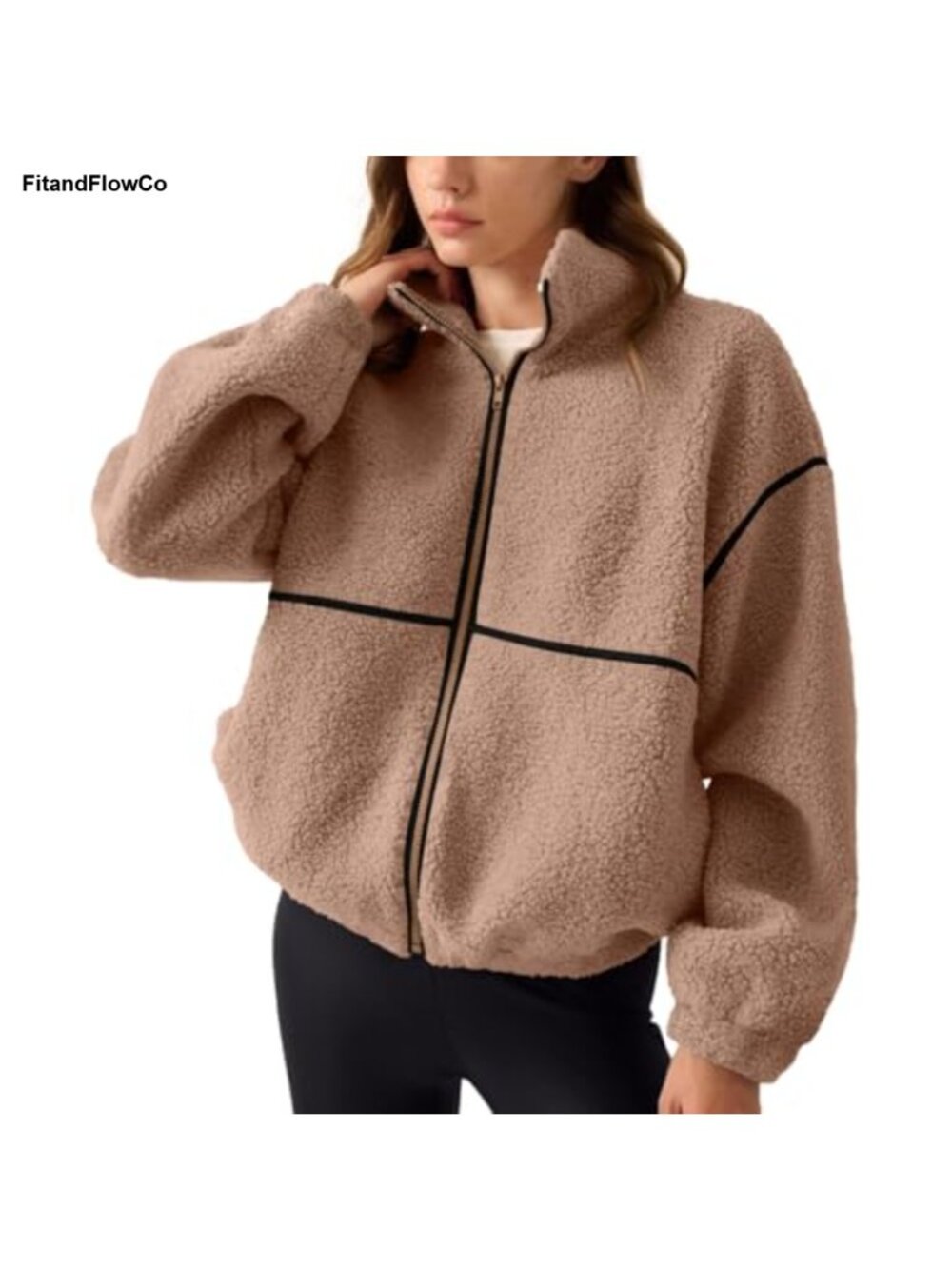 Sherpa Fleece Zip Up Jacket Colorblock Cropped Winter Sweatshirt